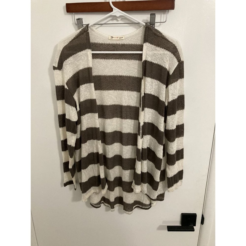 r2d apparel Women's Striped Knit Cardigan, Beige/Brown, Large
